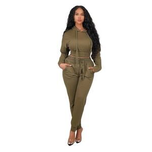 Pullover Hoodie & Jogger Pants Set-Olive Green- Large